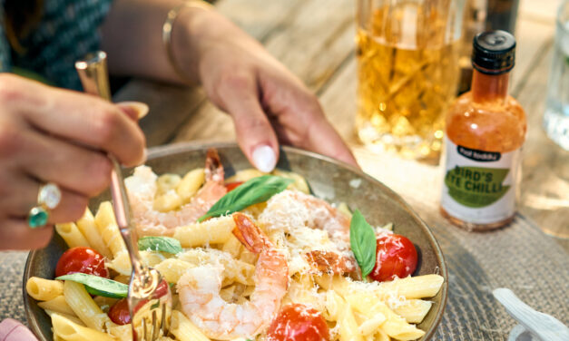 Hot Toddy Bird’s Eye Chilli Sauce & Chilli Prawn Pasta with Rocket Salad Recipe – Recipe by Sarah Todd – Recipe & Munch of the Month